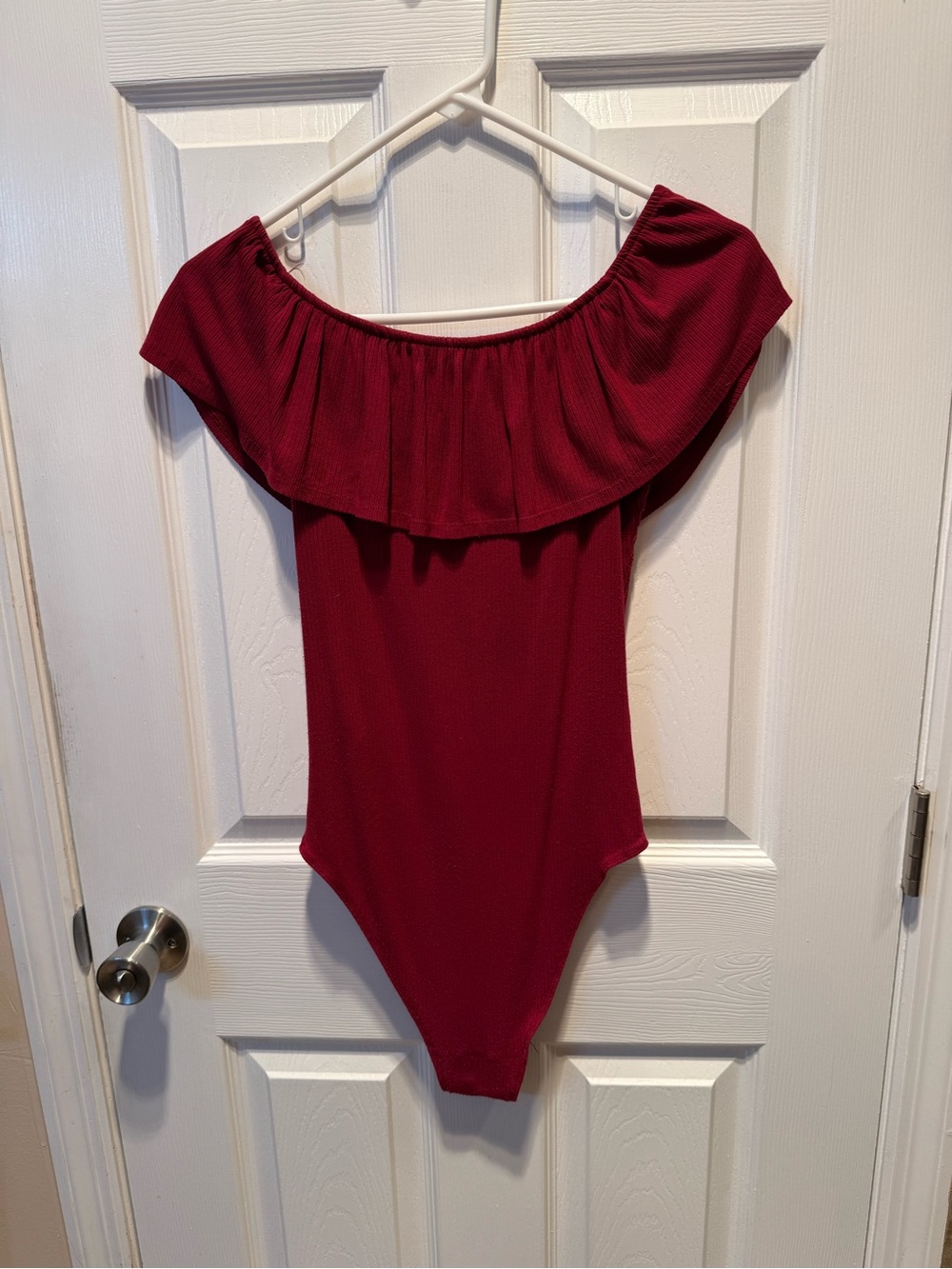 Abercrombie & Fitch Wine Red Off-Shoulder Ruffle Bodysuit